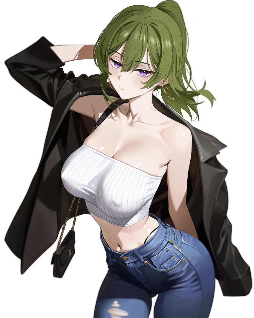 1girl absurdres arm_at_side arm_behind_head armpit_crease bag black_bag black_panties blue_pants blurry_edges breasts cleavage closed_mouth collarbone commentary_request covered_erect_nipples cowboy_shot crop_top dated_commentary denim double-parted_bangs earrings eyelashes green_eyes hair_between_eyes hand_up handbag highres hoop_earrings jacket jeans jewelry jmx_(j_m_x) large_breasts leather leather_jacket light_blush long_bangs long_sleeves looking_at_viewer midriff navel no_bra off_shoulder open_clothes open_jacket panties pants panty_straps ponytail purple_eyes ribbed_tube_top shiny_skin simple_background smile solo sousou_no_frieren standing stomach strapless torn_clothes torn_pants tube_top ubel_(sousou_no_frieren) underwear white_background white_tube_top