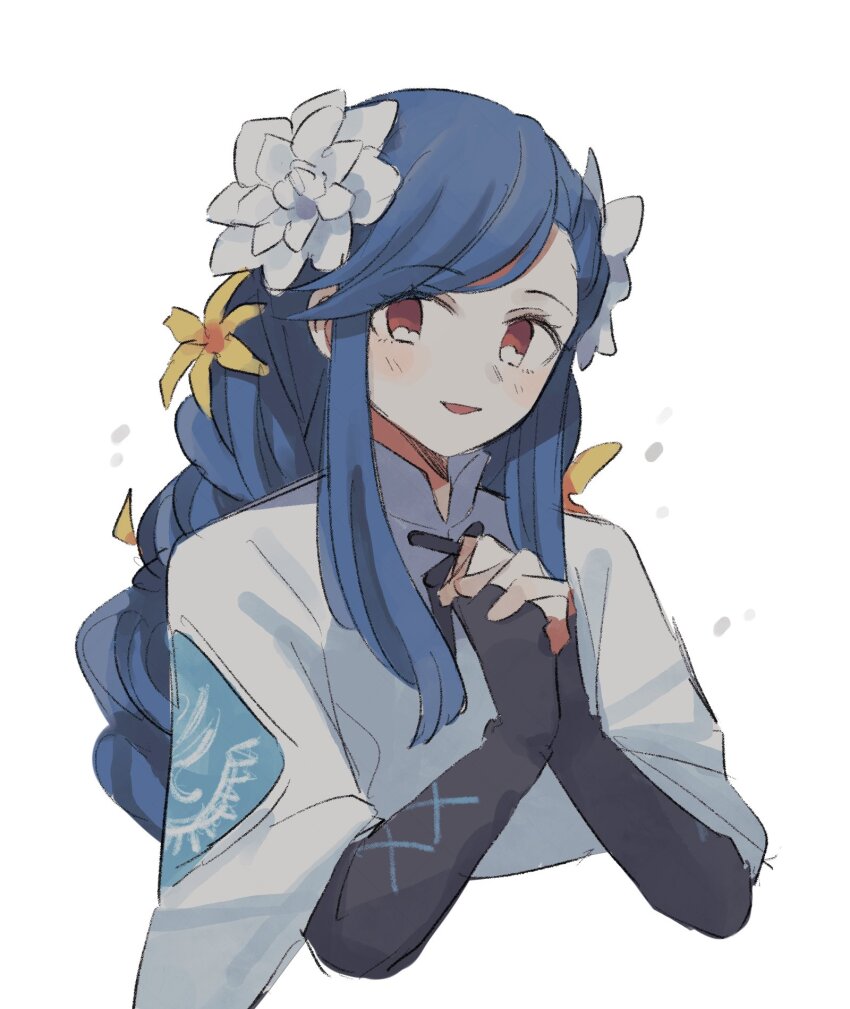 1girl black_gloves blue_hair commentary_request dizzy_(guilty_gear) flower gloves guilty_gear guilty_gear_strive hair_flower hair_ornament highres long_hair looking_at_viewer open_mouth own_hands_clasped own_hands_together queen_dizzy red_eyes simple_background smile solo sushi_no_ark upper_body white_background white_flower