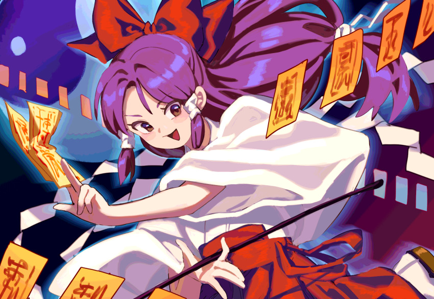 1girl :d bow brown_eyes brown_sandals commentary_request danmaku gohei hair_bow hakama hakama_pants hakurei_reimu hakurei_reimu_(pc-98) happy highres holding holding_gohei japanese_clothes kimono long_hair long_sleeves ofuda open_mouth orb pants purple_hair red_bow red_hakama red_skirt sandals skirt smile socks solo touhou touhou_(pc-98) tuck_(tuck23978434) very_long_hair white_kimono white_socks wide_sleeves yin_yang yin_yang_orb