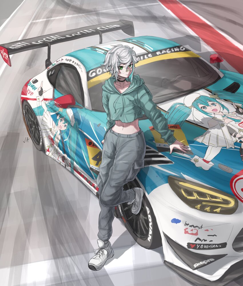 1girl absurdres advan anti_social_social_club aqua_hoodie black_choker car cargo_pants choker collarbone commentary commission english_commentary freckles from_above goodsmile_racing grey_pants hatsune_miku highres hood hood_down itasha justuskuro logo looking_at_viewer looking_up mercedes-benz mercedes-benz_amg_gt midriff motor_vehicle navel original pants race_vehicle racecar racing_miku racing_miku_(2023) shoes short_hair sneakers solo spoiler_(automobile) sponsor super_gt tommie_(sorithespooky) v-shaped_eyebrows vocaloid white_shoes yokohama_tire