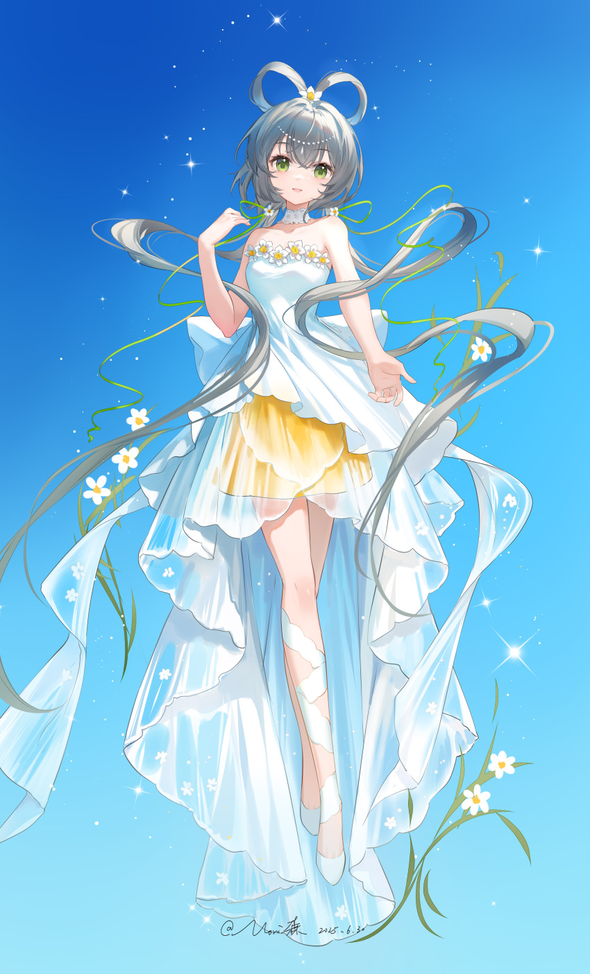 1girl absurdres artist_name blue_background bow-shaped_hair choker daffodil dated dress flower full_body gradient_background green_eyes grey_hair hair_flower hair_ornament high-low_dress highres lace lace_choker leg_ribbon long_hair looking_at_viewer low_twintails luo_tianyi morimori_(14292311) orange_skirt parted_lips ribbon shoes skirt skirt_under_dress solo strapless strapless_dress twintails very_long_hair vocaloid vsinger_(vocaloid) white_choker white_dress white_flower white_shoes