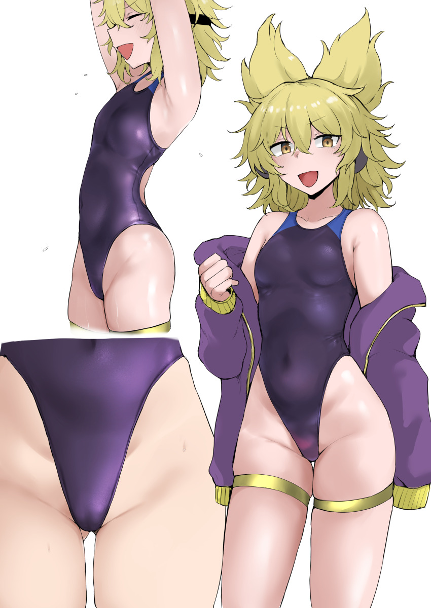 1girl absurdres armpits black_one-piece_swimsuit blonde_hair breasts competition_swimsuit covered_navel cowboy_shot earmuffs groin highleg highleg_one-piece_swimsuit highres ikeda_yamada jacket jacket_partially_removed messy_hair multiple_views one-piece_swimsuit open_clothes open_jacket pointy_hair purple_jacket short_hair simple_background small_breasts standing stretching swimsuit touhou toyosatomimi_no_miko white_background yellow_eyes