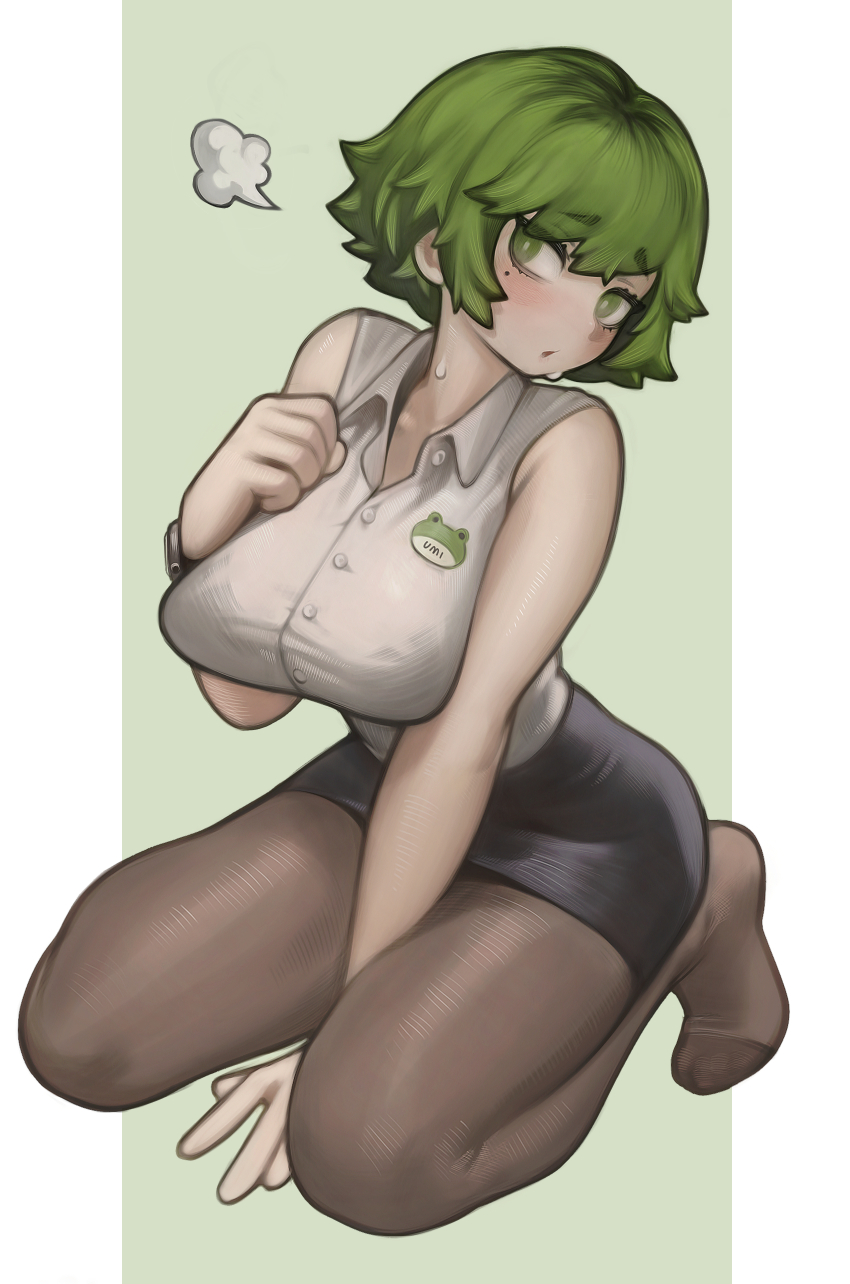 1girl :o absurdres black_skirt blouse blush breasts collared_shirt commentary fog full_body green_eyes green_hair grey_background grey_pantyhose highres lentiyay looking_at_viewer medium_hair mole mole_under_eye original pantyhose shirt short_eyebrows simple_background sitting skirt sleeveless sleeveless_shirt solo sweat watch white_shirt wristwatch