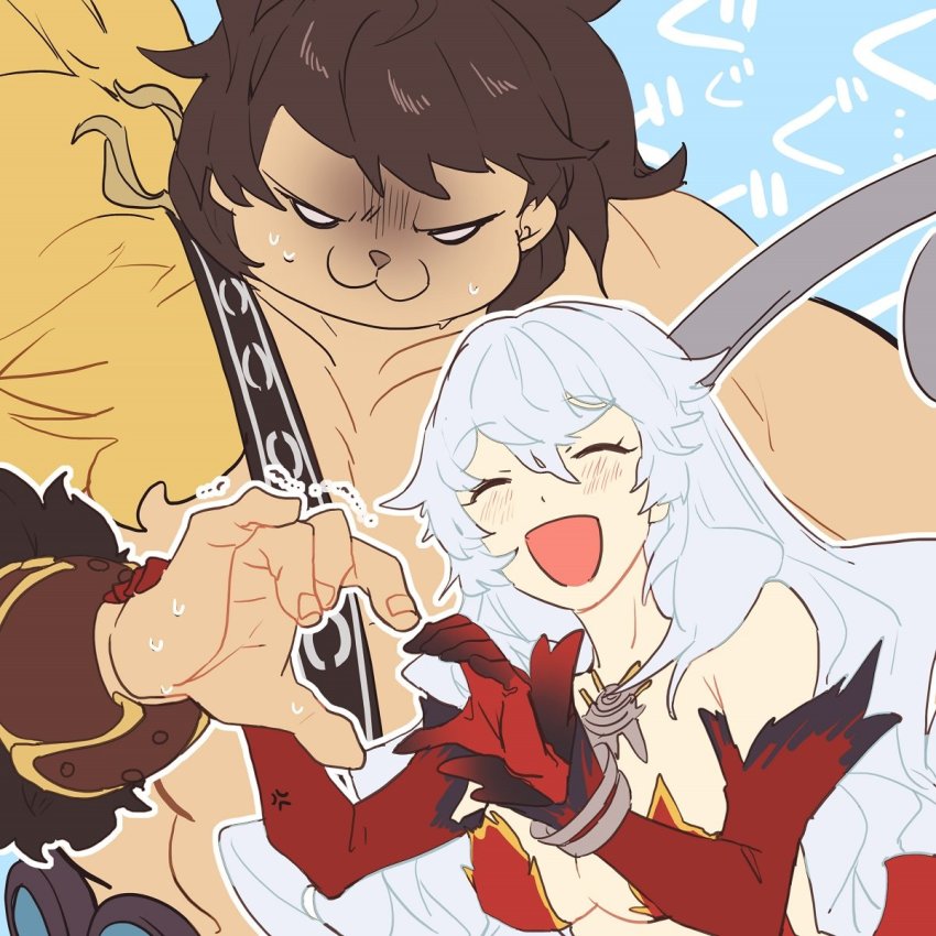 1boy 1girl artemis_(fate) artemis_(third_ascension)_(fate) bare_pectorals bare_shoulders blush breasts brown_hair closed_eyes dress fate/grand_order fate_(series) gloves highres jewelry large_breasts large_pectorals long_hair muscular no-kan open_mouth orion_(bear)_(fate) pectorals smile super_orion_(fate) thick_eyebrows topless_male white_hair