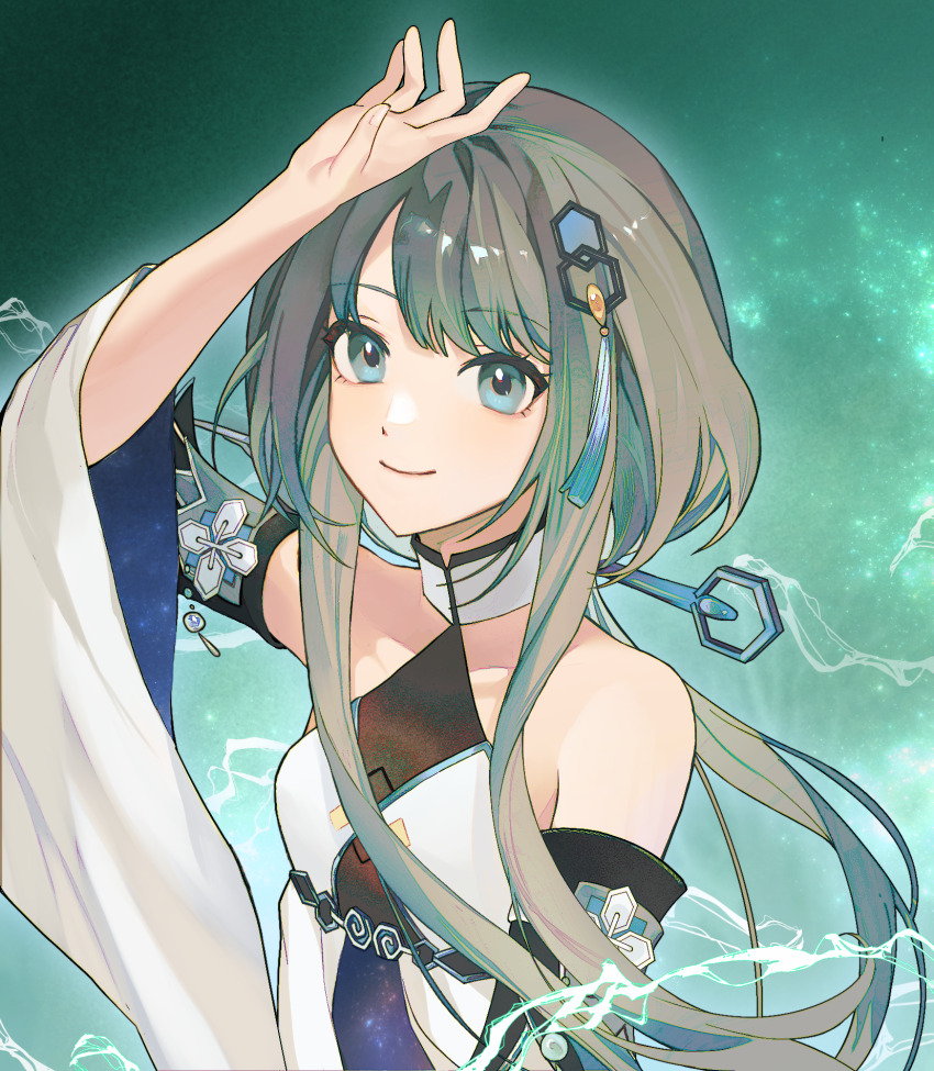 1girl arm_up bare_shoulders blue_eyes breasts brown_hair detached_sleeves dress electricity genshin_impact guizhong_(genshin_impact) hair_ornament hair_stick highres long_hair looking_at_viewer small_breasts smile solo songhuadan_aozhou star_(symbol) star_print tassel upper_body wide_sleeves