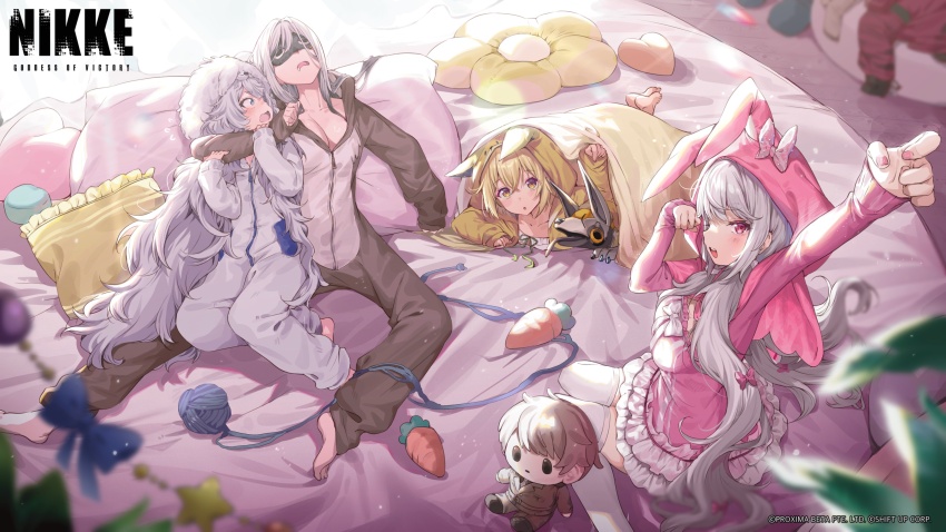 4girls absurdres alice_(nikke) animal_costume animal_ears artist_request barefoot blonde_hair blue_eyes blush breasts character_doll commander_(nikke) cosplay doll drooling fake_animal_ears frima_(nikke) goddess_of_victory:_nikke grey_hair highres jacket kigurumi large_breasts liter_(nikke) long_hair looking_at_viewer medium_breasts military_jacket military_uniform multiple_girls non-humanoid_robot open_mouth pink_eyes pink_hair poli_(nikke) robot robot_animal short_hair sleep_mask sleeping sleeping_upright smile twintails very_long_hair volt_(nikke) white_hair yellow_eyes