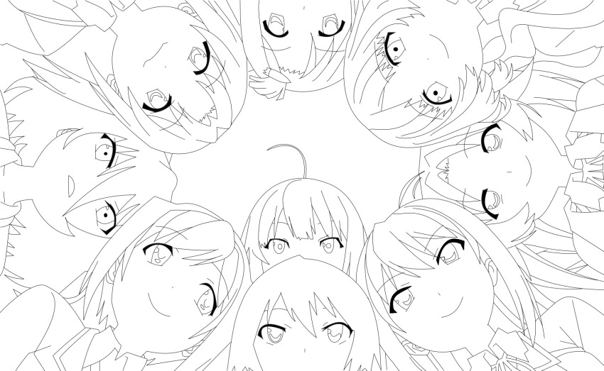 10s 2boys 6+girls ahoge edagawa_nozomi from_below greyscale highres kiba_mifuyu koi_to_senkyo_to_chocolate lineart monochrome monzennaka_kii morishita_michiru multiple_boys multiple_girls non-web_source oojima_yuuki sarue_ai shinonome_hazuki sumiyoshi_chisato yumeshima_oboro