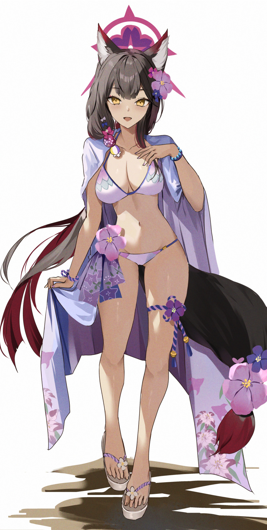1girl :d absurdres animal_ear_fluff animal_ears bead_bracelet beads bikini black_hair blue_archive blunt_bangs blunt_ends blush bracelet breasts cleavage collarbone colored_inner_hair commentary eyelashes film_grain flower fox_ears fox_girl fox_tail full_body hair_flower hair_ornament hair_over_shoulder halo hand_up highres jewelry large_breasts long_hair looking_at_viewer multicolored_hair nail_polish official_alternate_costume open_mouth pink_flower purple_flower purple_nails red_hair red_halo sandals simple_background skirt_hold smile solo standing straight_hair swimsuit tail tail_flower tail_ornament tsurime two-tone_hair udonpan very_long_hair wakamo_(blue_archive) wakamo_(swimsuit)_(blue_archive) white_background white_bikini white_sandals yellow_eyes