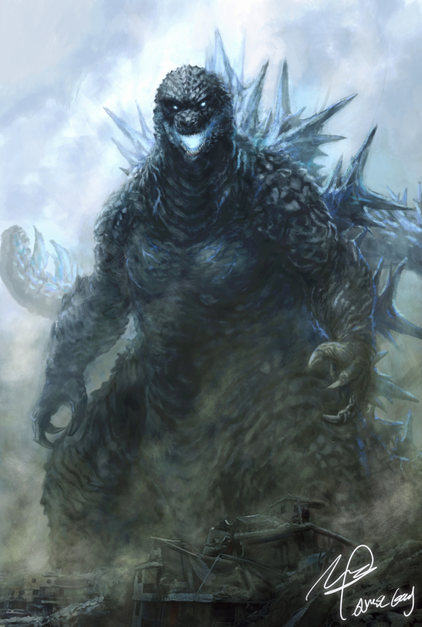 absurdres artist_name blue_eyes blue_sky boat building claws cloud day destruction dust giant giant_monster glowing glowing_eyes glowing_mouth glowing_spikes glowing_veins godzilla godzilla_(series) godzilla_minus_one highres house jinsu_kang kaiju looking_at_viewer monster muscular muscular_arms muscular_legs muscular_other no_humans no_pupils open_mouth pectorals sea_monster sharp_teeth signature sky spikes tail teeth thick_thighs thighs toho veins watercraft