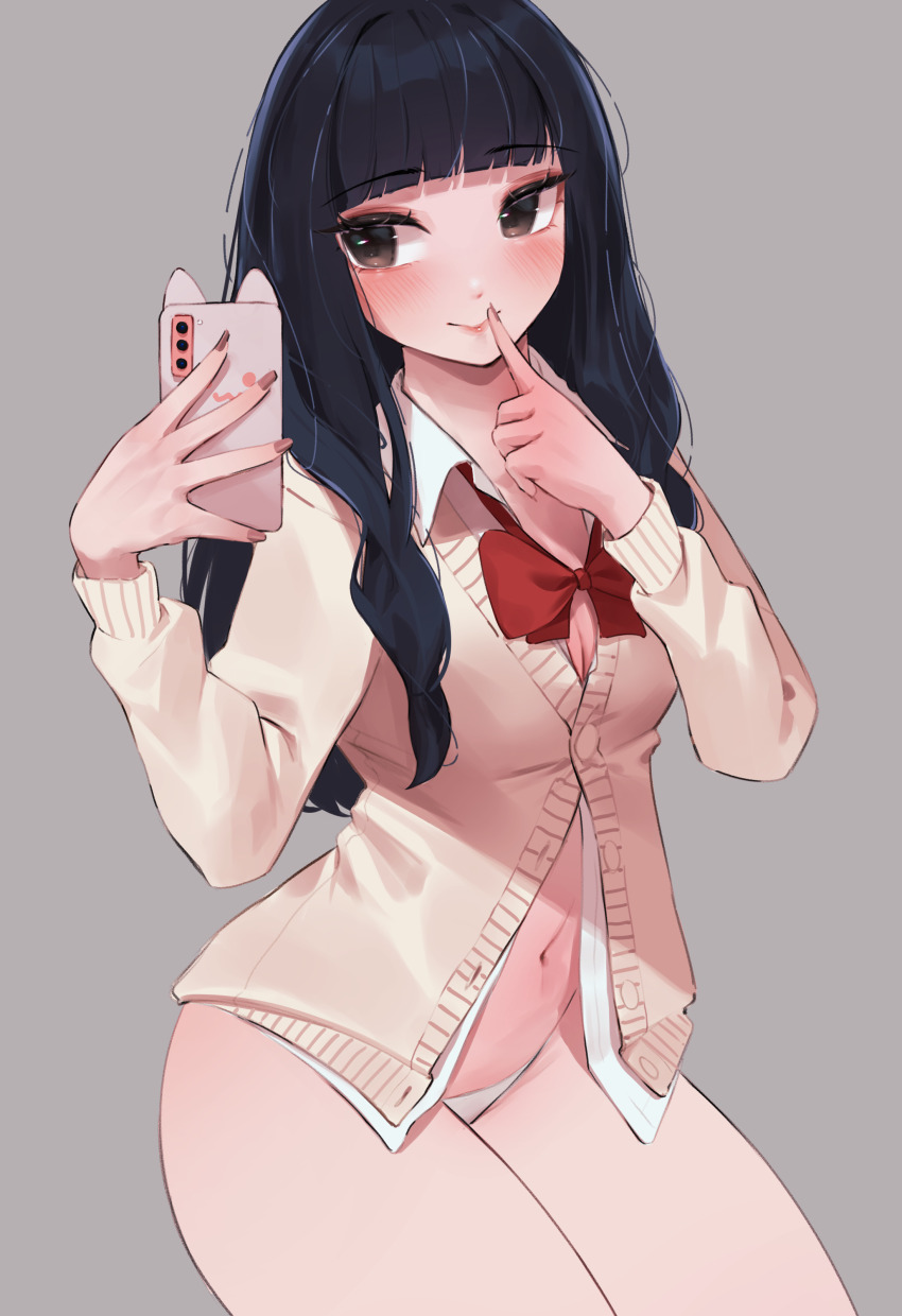1girl absurdres black_hair blush bow breasts brown_eyes cardigan cleavage finger_to_mouth grey_background highres korean_commentary long_hair medium_breasts naingnaing navel oshi_no_ko panties red_bow school_uniform selfie simple_background solo sumi_yuki thighs underwear