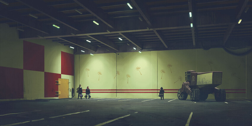 3others bag cable garage highres indoors keypad motor_vehicle multiple_others mural overhead_lights science_fiction simon_stalenhag the_labyrinth unconventional_vehicle wheel
