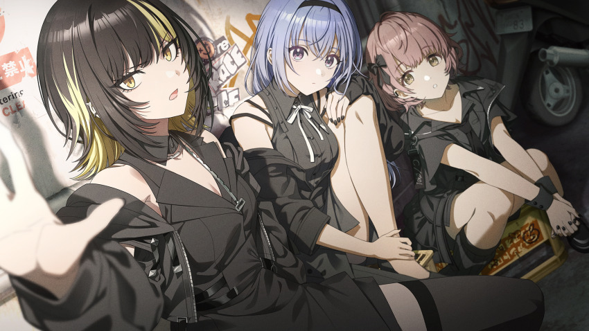 3girls barbell_piercing black_dress black_hair black_nails black_thighhighs blonde_hair blue_eyes blue_hair bow breasts brown_hair cleavage dress ear_piercing earrings game_cg graffiti hair_bow hairband highres idolmaster idolmaster_shiny_colors idolmaster_shiny_colors_song_for_prism ikaruga_luca ikuta_haruki industrial_piercing jewelry medium_breasts multicolored_hair multiple_girls neck_ribbon off_shoulder official_art open_mouth piercing punk ribbon small_breasts streaked_hair suzuki_hana thighhighs wheel wristband yellow_eyes
