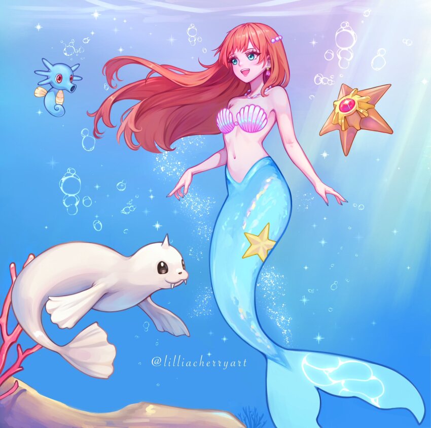 1girl :d air_bubble animal artist_name bare_shoulders bikini blue_eyes blush breasts bubble cleavage dewgong earrings eyelashes floating_hair full_body gen_1_pokemon green_eyes hair_ornament highres horns horsea jewelry light_rays lilliacherryart long_hair medium_breasts mermaid mermaid_costume mermaid_misty_(pokemon) misty_(pokemon) monster_girl navel necklace nintendo open_mouth orange_hair partially_submerged pokemon pokemon_(anime) pokemon_(classic_anime) red_hair seashell shell shell_bikini small_breasts smile solo sparkle star_(symbol) starfish staryu stomach sunlight swimming swimsuit teeth twitter_username underwater upper_teeth_only very_long_hair water