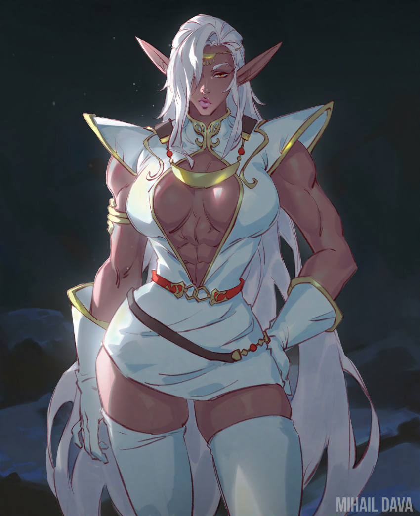 1girl abs absurdres breasts dark-skinned_female dark_elf dark_skin elf gloves highres large_breasts long_hair looking_at_viewer muscular muscular_arms muscular_female night pirotess pointy_ears record_of_lodoss_war solo white_hair yellow_eyes