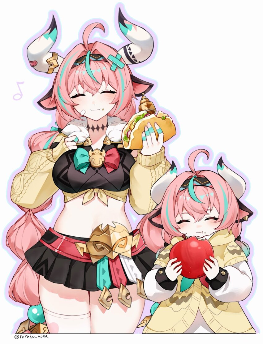 aged_down ahoge animal_ears apple braid breasts closed_eyes cow_ears cow_horns dual_persona eating food food_on_face fruit genshin_impact hairband highres horns large_breasts long_hair midriff miniskirt multicolored_hair navel nirako_mona pink_hair single_thighhigh skirt smile streaked_hair taco thighhighs time_paradox twin_braids twitter_username varesa_(genshin_impact)