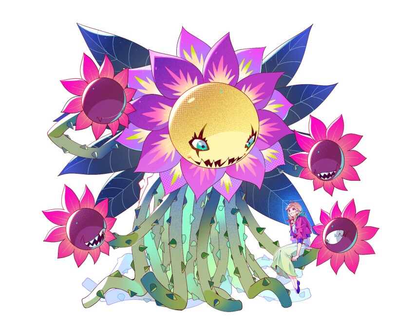 akrud885 blonde_hair blossomon blue_eyes digimon digimon_(creature) digimon_survive flower highres jacket kimishima_saki looking_at_another plant sharp_teeth simple_background sitting size_difference smile teeth thorns white_background