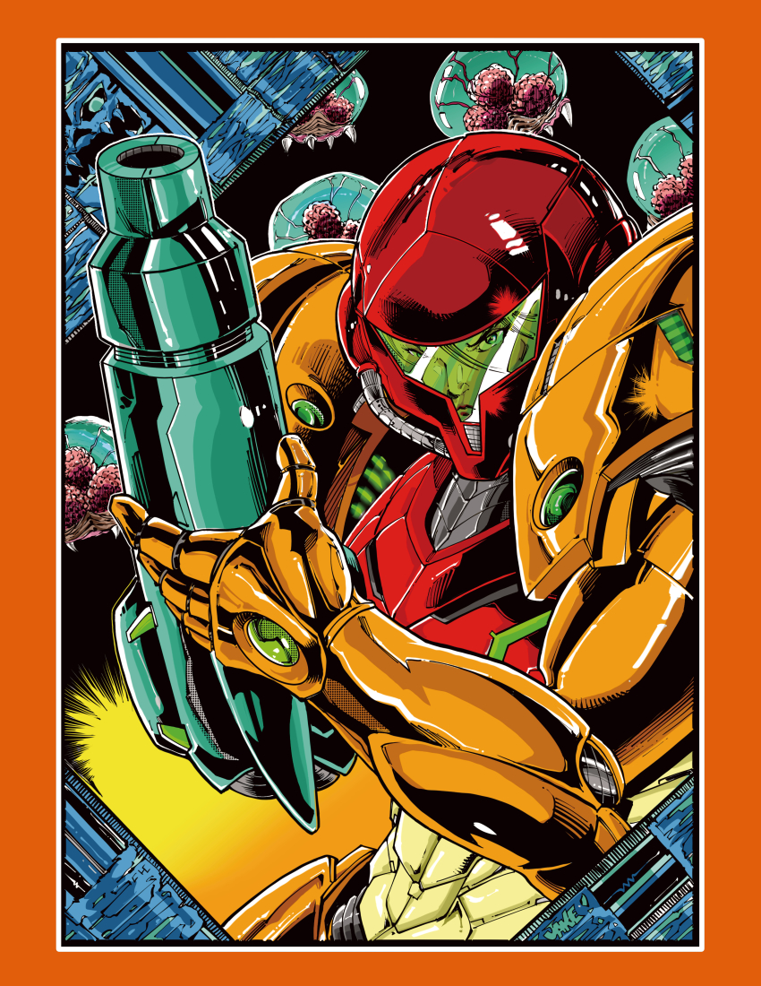 1girl absurdres arm_cannon armor assault_visor blonde_hair blue_eyes border commentary english_commentary hair_between_eyes highres holding_own_arm inker-guy looking_at_viewer metroid metroid_(creature) metroid_larva nintendo orange_border parted_lips power_armor samus_aran science_fiction solo_focus upper_body varia_suit weapon western_comics_(style)