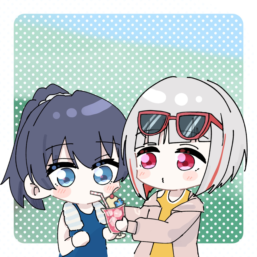 2girls blue_eyes blue_hair blue_one-piece_swimsuit blush_stickers bob_cut border brown_jacket colored_inner_hair commentary_request diagonal_bangs drink drinking_straw drinking_straw_in_mouth grey_hair hair_ornament hair_scrunchie highres holding holding_drink inverted_bob jacket link!_like!_love_live! love_live! love_live!_days:_love_live!_general_magazine magu_(cv_mgmgcup) medium_hair multicolored_hair multiple_girls murano_sayaka o3o official_alternate_costume official_alternate_hairstyle one-piece_swimsuit open_clothes open_jacket outdoors outside_border polka_dot polka_dot_background ponytail puckered_lips red-framed_eyewear red_eyes red_hair red_streaks scrunchie sharing short_hair streaked_hair sunglasses swimsuit tank_top towel towel_around_neck virtual_youtuber white_border white_scrunchie yellow_tank_top yugiri_tsuzuri