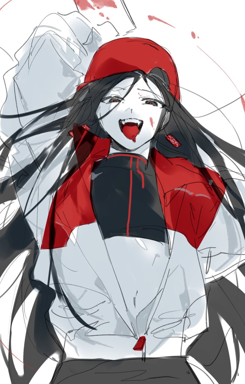1girl arm_behind_back backwards_hat baseball_cap black_eyes black_hair black_shirt blood blood_on_face butcher_vanity_(synthesizer_v) cleaver crazy_smile crop_top drooling earrings hat highres holding holding_cleaver jacket jewelry looking_at_viewer midriff munjiduck navel open_clothes open_jacket open_mouth red_hat red_pupils red_trim shirt simple_background sketch smile solo synthesizer_v tongue white_background white_jacket yi_xi_(synthesizer_v) zipper