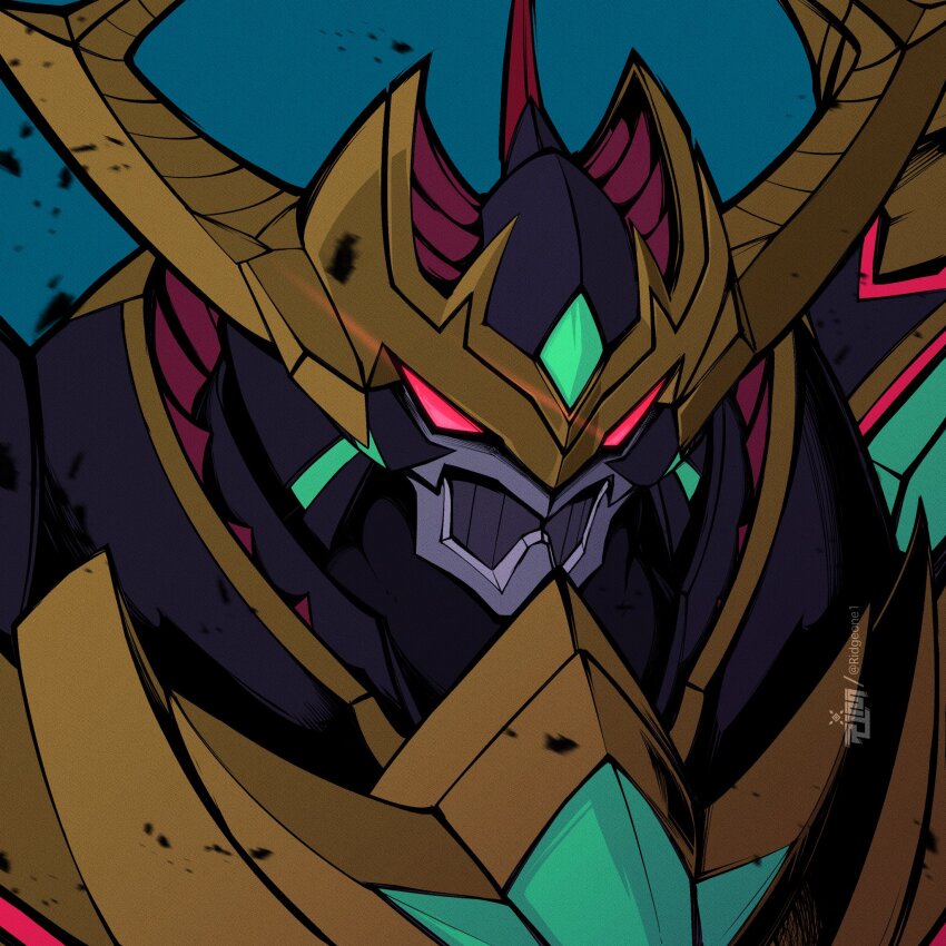armor darkknightmon darkknightmon_x-antibody digimon digimon_(creature) full_armor glowing glowing_eyes highres red_eyes solo