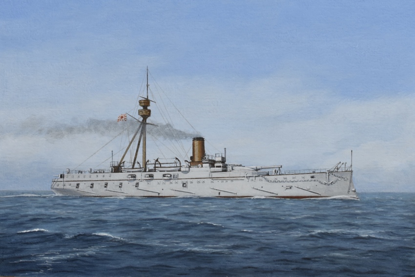 absurdres acrylic_paint_(medium) atelier_bono cannon cruiser evening flag highres imperial_japanese_navy itsukushima_(cruiser) mast military_vehicle morning no_humans ocean original painting_(medium) ship ship_turret sky smoke smokestack traditional_media vehicle_focus warship watercraft