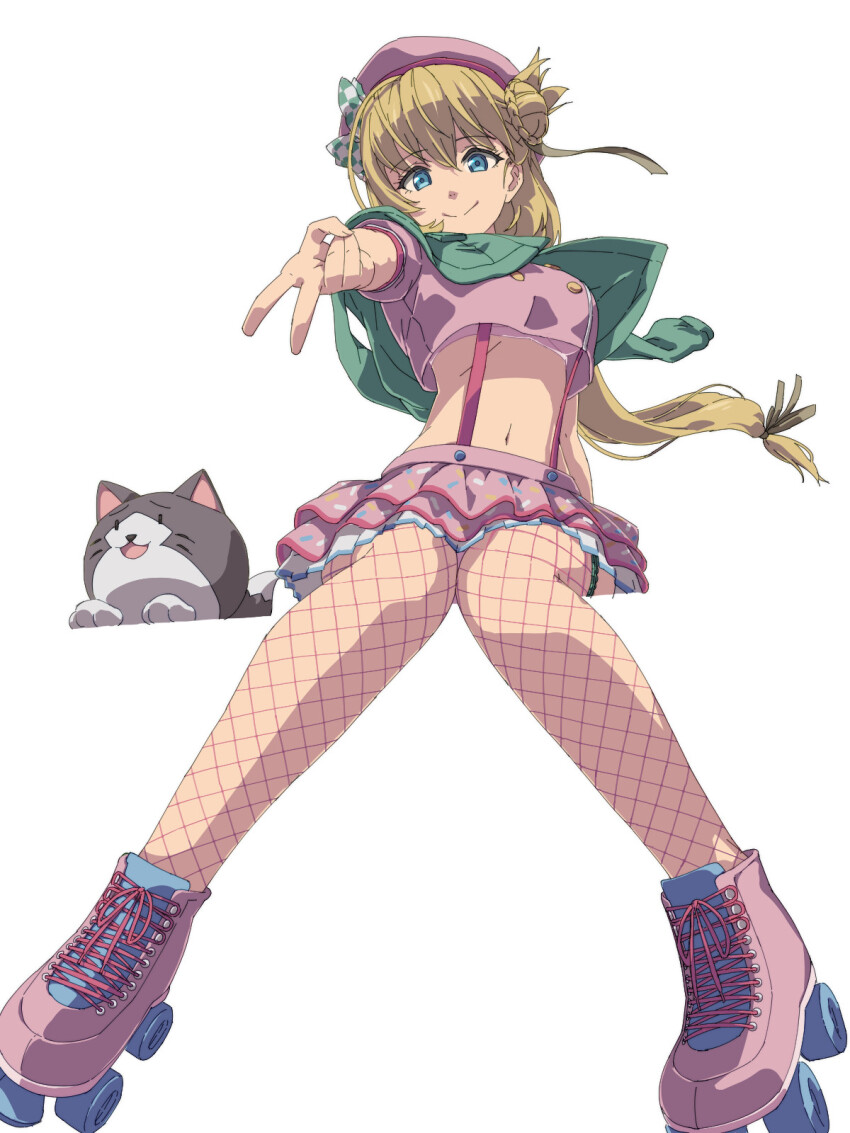 1girl agnes_claudel beret blonde_hair blue_eyes bun_with_braided_base chiharu_(9654784) crop_top double-parted_bangs eiyuu_densetsu fishnet_thighhighs fishnets floating_hair floating_scarf frilled_skirt frills green_eyes hair_between_eyes hair_bun hat highres kai_no_kiseki kuro_no_kiseki_(series) long_hair looking_at_viewer midriff mishy navel red_hat roller_skates scarf simple_background single_side_bun sitting skates skirt smile solo stuffed_animal stuffed_toy suspender_skirt suspenders thighhighs v white_background