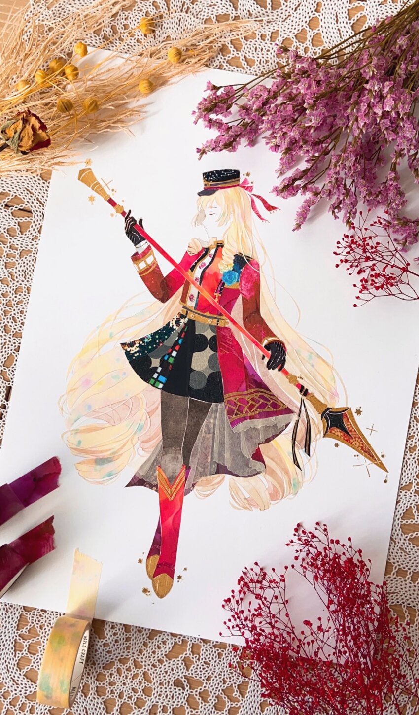 1girl asymmetrical_jacket belt black_gloves black_hat black_skirt blonde_hair blue_flower blue_rose boots character_request closed_eyes commentary_request copyright_request corsage flower flower_ornament full_body gloves grey_pantyhose hand_up hat hat_ribbon highres holding holding_polearm holding_weapon jacket knee_boots long_hair long_sleeves masking_tape_(medium) military_hat oikoko_koko pantyhose parted_lips photo_(medium) polearm profile red_boots red_jacket ribbon ringlets rose sidelocks skirt solo spear staff standing unconventional_media very_long_hair weapon white_background yellow_belt