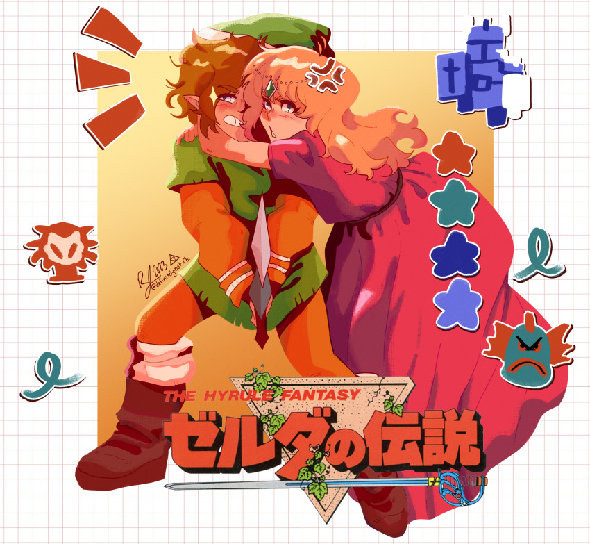 1boy 1girl anger_vein blonde_hair brown_footwear brown_hair clenched_teeth clip_studio_paint_(medium) commentary copyright_name darknut dress english_commentary green_headwear green_tunic grid_background highres holding holding_sword holding_weapon hug link long_sleeves nintendo octorok orange_pants orange_shirt pants pointy_ears princess_zelda red_dress rhi_(definitelynotrhi) shirt sparkle star_(symbol) sword teeth the_legend_of_zelda the_legend_of_zelda_(nes) tunic weapon zora