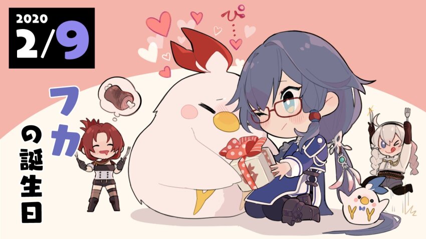 2020 3girls ahoge black_hair black_pants black_pantyhose blue_eyes blue_jacket boots braid brown_gloves brown_shorts closed_mouth dated fork fu_hua fu_hua_(valkyrie_accipiter) gift gloves grey_shorts headband holding holding_fork holding_gift holding_knife honkai_(series) honkai_impact_3rd jacket jingwei_(bird) kiana_kaslana kiana_kaslana_(valkyrie_ranger) knife mogomaco multiple_girls murata_himeko murata_himeko_(battle_storm) official_art one_eye_closed open_mouth pants pantyhose ponytail red_hair shorts tongue tongue_out twin_braids valentine white_hair white_jacket