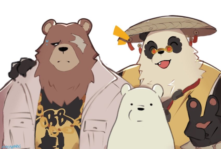 3boys animal_ears arm_around_shoulder bear bear_boy bear_ears ben_bigger black_fur black_tank_top brown_fur chain chain_necklace chinese_clothes claws closed_eyes closed_mouth commentary english_commentary fang furry furry_male ice_bear_(we_bare_bears) jacket jewelry looking_at_viewer looking_to_the_side male_focus maosharki multicolored_fur multiple_boys necklace notice_lines open_mouth pan_yinhu panda_boy panda_ears pawpads polar_bear round_eyewear scar scar_across_eye scar_on_face shirt smile tank_top v we_bare_bears white_fur white_jacket yellow_shirt zenless_zone_zero