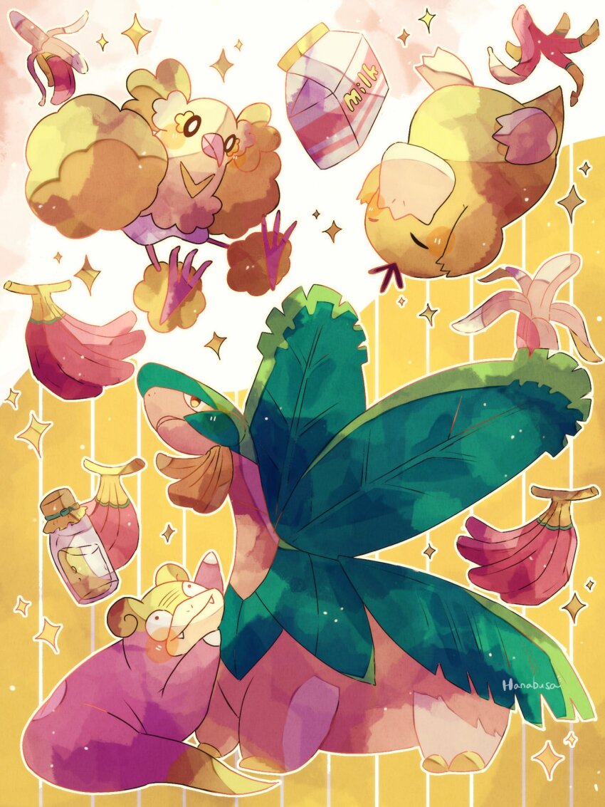animal_focus artist_name banana banana_milk banana_peel bird colored_skin commentary_request food fruit gen_1_pokemon gen_3_pokemon gen_7_pokemon hanabusaoekaki highres leaf milk nintendo no_humans oricorio oricorio_(pom-pom) pink_skin pokemon pokemon_(creature) psyduck slowpoke solid_oval_eyes sparkle striped_background tropius upside-down wings yellow_background yellow_skin