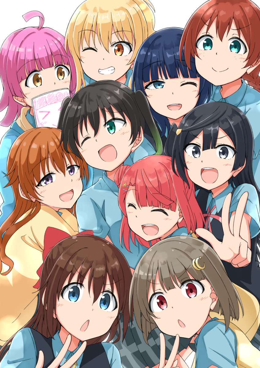 6+girls :d :o ahoge asaka_karin black_hair blonde_hair blue_eyes blue_hair blue_shirt bow braid brown_hair closed_eyes covering_own_mouth emma_verde eyebrows_visible_through_headband gradient_hair green_hair grey_eyes hair_bow hair_bun hair_ornament highres konoe_kanata long_hair looking_at_another looking_at_viewer love_live! love_live!_nijigasaki_high_school_idol_club love_live!_school_idol_festival_all_stars miyashita_ai multicolored_hair multiple_girls nakasu_kasumi nijigasaki_school_uniform notepad one_eye_closed open_mouth osaka_shizuku outstretched_arm pink_hair plaid_clothes plaid_skirt purple_eyes red_eyes school_uniform shirt short_hair short_sleeves side_bun simple_background single_side_bun skirt smile sweater takasaki_yu takashi_mp_(shinjin) teeth tennoji_rina tongue twin_braids twintails two-tone_hair uehara_ayumu upper_teeth_only vest w white_background yellow_eyes yellow_sweater yuki_setsuna