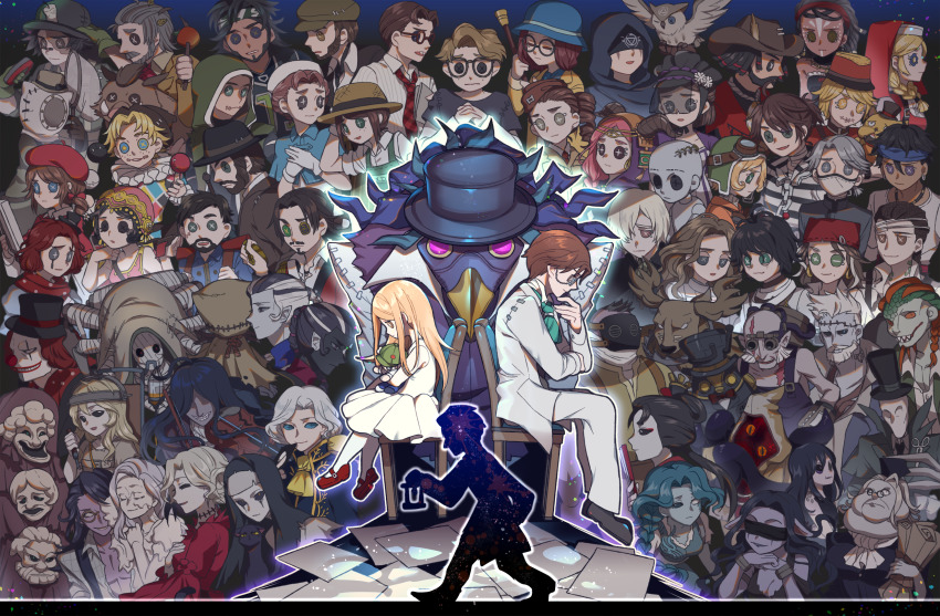 1other 6+boys 6+girls absolutely_everyone ada_mesmer aesop_carl andrew_kreiss ann_(identity_v) anne_lester antlers antonio_(identity_v) apple apron ascot back-to-back bald bandaged_head bandaged_neck bandages bane_(identity_v) beekeeping_suit beret bird black_eyes black_hair black_necktie black_sclera black_skin blindfold blonde_hair blue_eyes blue_skin bonbon_(identity_v) braid brown_hair burke_(identity_v) burn_scar button_eyes buttons capelet cat chain chair closed_eyes closed_mouth clown clown_nose collared_shirt colored_sclera colored_skin cowboy_hat cracked_skin curly_hair dark-skinned_female dark-skinned_male dark_skin demi_bourbon dress drill_hair earrings edgar_valden eli_clark emil_(identity_v) emily_dyer emma_woods everyone eyeshadow facial_hair facial_mark fake_horns fan_wujiu fang fedora fiona_gilman follower_(identity_v) food freckles freddy_riley fruit galatea_(identity_v) ganji_gupta glasses gloves goggles goggles_on_head grace_(identity_v) green_ascot green_eyes grey_eyes grey_hair grey_skin habit hair_over_eyes hair_over_one_eye half-closed_eyes hand_on_own_chest hands_on_own_chest hastur_(identity_v) hat helena_adams heterochromia highres holding holding_instrument holding_stick holding_stuffed_toy holding_violin hood hood_up horns hugging_doll hugging_object identity_v instrument intravenous_drip jack_(identity_v) jewelry joker_(identity_v) jose_baden joseph_desaulniers keigan_nichols_keogh kevin_ayuso kreacher_pierson kurt_frank leo_beck long_hair long_sleeves looking_down luca_balsa luchino_(identity_v) luchino_diruse lucky_guy makeup margaretha_zelle martha_behamfil mary_(identity_v) mask medium_hair melly_plinius memory_(identity_v) michiko_(identity_v) mini_hat mini_top_hat mole mole_under_mouth monster_boy monster_girl multicolored_hair multicolored_skin multiple_boys multiple_girls murro_morton mustache naib_subedar necklace necktie net nightmare_(identity_v) norton_campbell open_mouth orange_hair orange_sclera orpheus_(identity_v) owl own_hands_together paper patricia_dorval percy_(identity_v) philippe_(identity_v) pink_hair pointy_ears ponytail purple_eyes purple_skin red_eyeshadow red_hair robbie_(identity_v) robot round_eyewear sansai_toritori scales scar scar_across_eye scar_on_face scar_on_neck servais_le_roy shirt short_hair short_hair_with_long_locks short_sleeves single_braid single_drill sitting smile stick stitched_mouth stitches stuffed_toy tentacles the_will_brothers_(identity_v) top_hat torn_clothes tracy_reznik twin_braids two-tone_hair two-tone_skin vera_nair victor_grantz violin wavy_hair weeping_clown_(identity_v) white_dress white_gloves white_hair wick_(identity_v) william_ellis wu_chang xie_bian yellow_ascot yellow_eyes