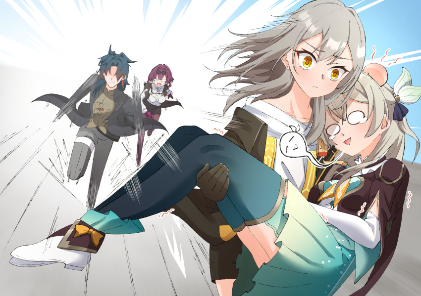 1boy 3girls blade_(honkai:_star_rail) blush carrying carrying_person chasing elbow_gloves firefly_(honkai:_star_rail) fleeing gloves green_hair grey_hair hair_between_eyes hair_intakes head_bump highres honkai:_star_rail honkai_(series) kafka_(honkai:_star_rail) long_hair long_sleeves looking_at_viewer motion_blur motion_lines multiple_girls neckerchief open_mouth princess_carry purple_gloves purple_hair round_eyewear running shirozaya shirt skirt stelle_(honkai:_star_rail) sunglasses thighhighs trailblazer_(honkai:_star_rail) triangle_mouth unconscious white_footwear white_shirt yellow_eyes zettai_ryouiki
