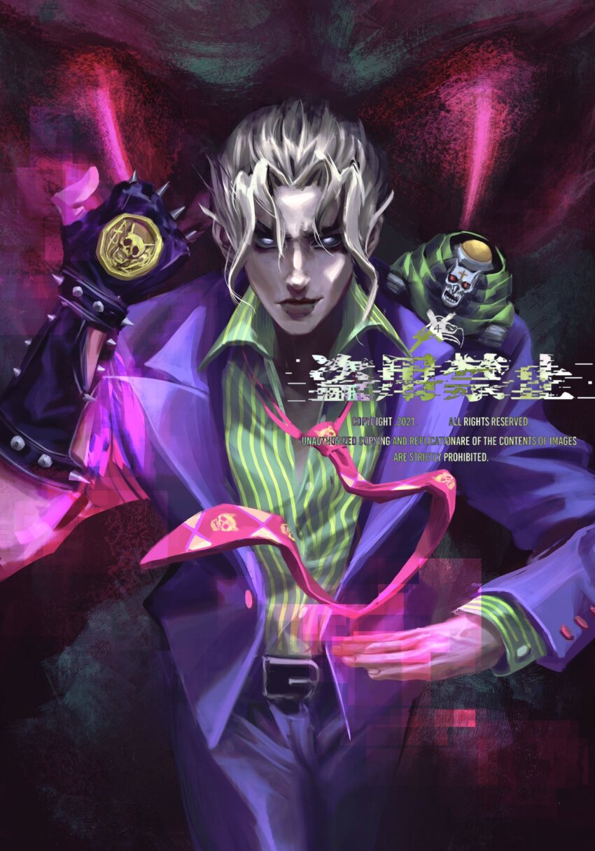 1boy 1other belt black_gloves blonde_hair collared_shirt commission diamond_wa_kudakenai glitch gloves green_shirt grey_eyes highres jacket jojo_no_kimyou_na_bouken killer_queen kira_yoshikage male_focus necktie pants parted_bangs pink_necktie purple_jacket purple_pants sheer_heart_attack shirt snakepit_xxx stand_(jojo) striped_clothes striped_shirt tuxedo