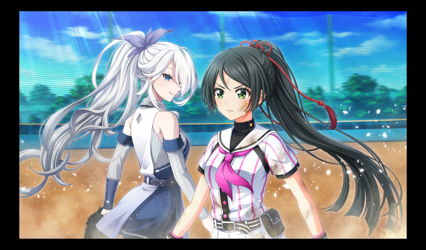 2girls baseball_glove baseball_stadium baseball_uniform belt belt_buckle belt_pouch black_belt black_border black_gloves black_hair black_pouch black_undershirt blue_eyes blurry border bow buckle cinderella_series closed_mouth cloud depth_of_field detached_sleeves dirty dress fingerless_gloves game_cg gloves green_eyes hachigatsu_no_cinderella_nine hair_ribbon high_ponytail highres kusakari_rena light_rays long_hair looking_ahead looking_at_another multicolored_dress multiple_girls neckerchief net non-web_source official_art outdoors pink_neckerchief pleated_skirt ponytail pouch purple_bow red_ribbon ribbon satogahama_baseball_uniform shirt shirt_under_shirt short_sleeves skirt sky smile sportswear striped_belt striped_clothes striped_shirt sunbeam sunlight sweat three_quarter_view tsukahara_shizuku vertical-striped_clothes vertical-striped_shirt wading white_hair wristband