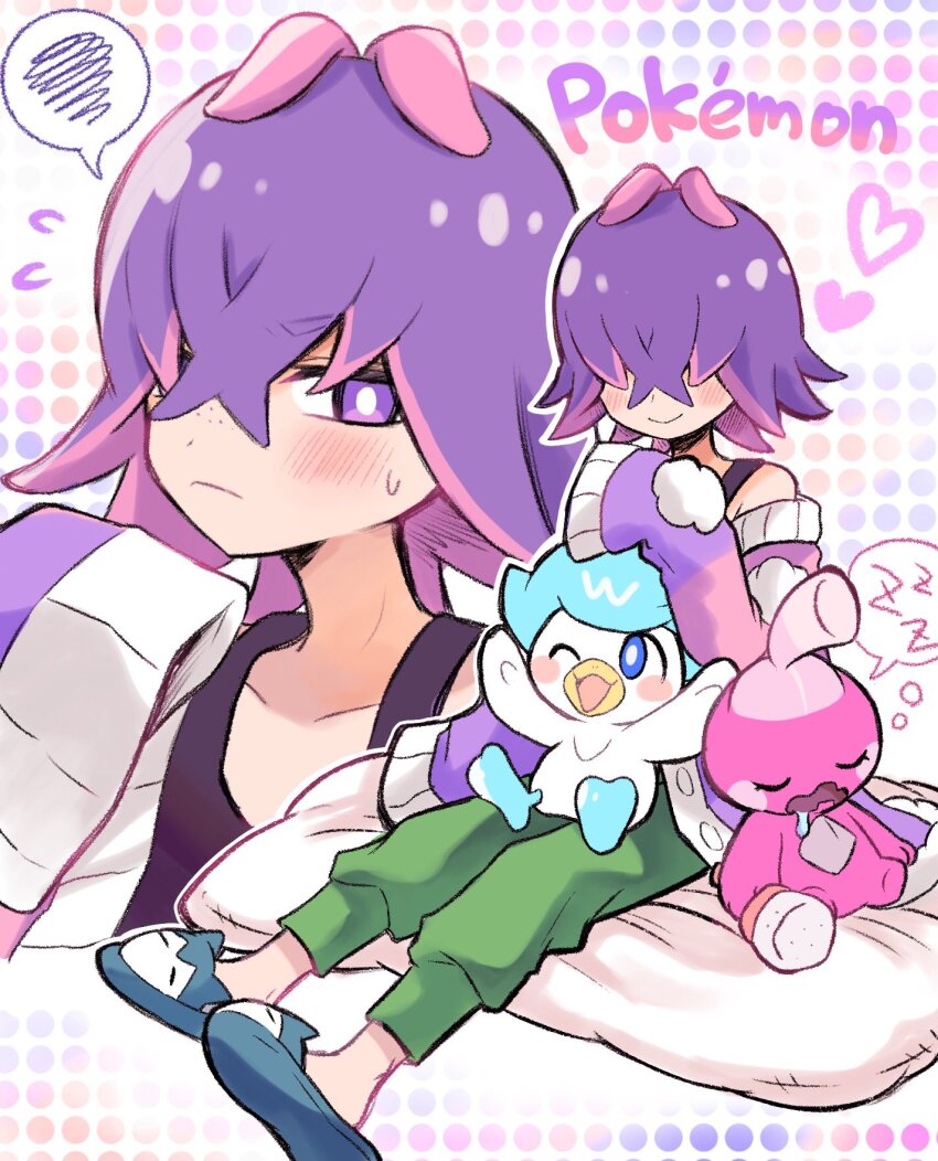 1girl black_tank_top blush closed_mouth copyright_name dot_(pokemon) flying_sweatdrops freckles green_pants hair_between_eyes hair_over_eyes heart highres long_sleeves multicolored_hair multiple_views nintendo open_mouth pants pink_hair pokemon pokemon_(anime) pokemon_(creature) pokemon_horizons purple_eyes purple_hair quaxly saliva simple_background sitting sleeping sleeves_past_fingers sleeves_past_wrists slippers spoken_zzz tank_top tinkatuff yataba zzz