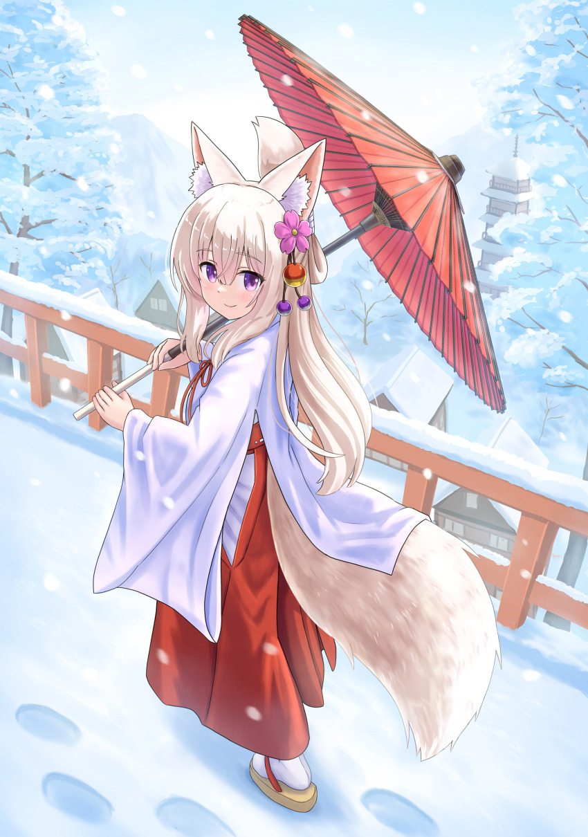 1girl absurdres animal_ear_fluff animal_ears blue_sky brown_hair brown_sandals building closed_mouth commentary_request day flower folded_ponytail footprints fox_ears fox_girl fox_tail hair_flower hair_ornament hakama hakama_skirt highres holding holding_umbrella iroha_(iroha_matsurika) japanese_clothes kimono koyoi_(iroha_(iroha_matsurika)) long_hair long_sleeves looking_at_viewer looking_back miko oil-paper_umbrella original outdoors purple_flower railing red_hakama red_umbrella sandals skirt sky smile snow snowing socks solo tabi tail umbrella very_long_hair white_kimono white_socks wide_sleeves zouri