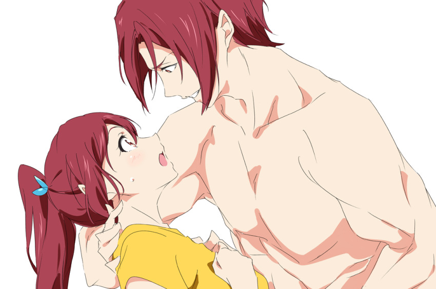 1boy 1girl brother_and_sister collarbone commentary_request eye_contact free! long_hair looking_at_another matsuoka_gou matsuoka_rin open_mouth ponytail red_eyes red_hair short_hair siblings smile umanosuke white_background
