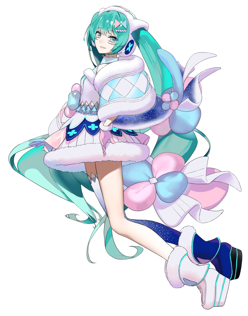 1girl ankle_boots aqua_eyes aqua_hair argyle arms_at_sides bad_id bad_pixiv_id blue_shawl blue_thighhighs blunt_bangs boots breasts collared_dress dress floral_print frills full_body fur-trimmed_boots fur-trimmed_dress fur-trimmed_gloves fur-trimmed_shawl fur_trim gloves hair_ornament hairclip hatsune_miku headset highres legs_together long_hair looking_at_viewer magical_mirai_(vocaloid) magical_mirai_miku magical_mirai_miku_(2020_winter) pastel_colors pink_gloves platform_boots platform_footwear rsk_(tbhono) shawl short_dress sideboob sidelocks simple_background single_bare_leg single_thighhigh small_breasts smile solo star_(symbol) star_print thighhighs tsurime twintails very_long_hair vocaloid white_background white_dress