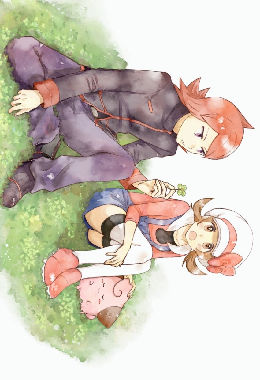 1boy 1girl :o asuka_rkgk brown_eyes brown_hair cleffa clover commentary_request four-leaf_clover gen_2_pokemon grass hand_up hat highres holding jacket long_hair long_sleeves lyra_(pokemon) nintendo open_mouth overalls pants parted_lips pokemon pokemon_(creature) pokemon_hgss purple_eyes red_hair shirt shoes silver_(pokemon) sitting thighhighs twintails white_hat white_thighhighs