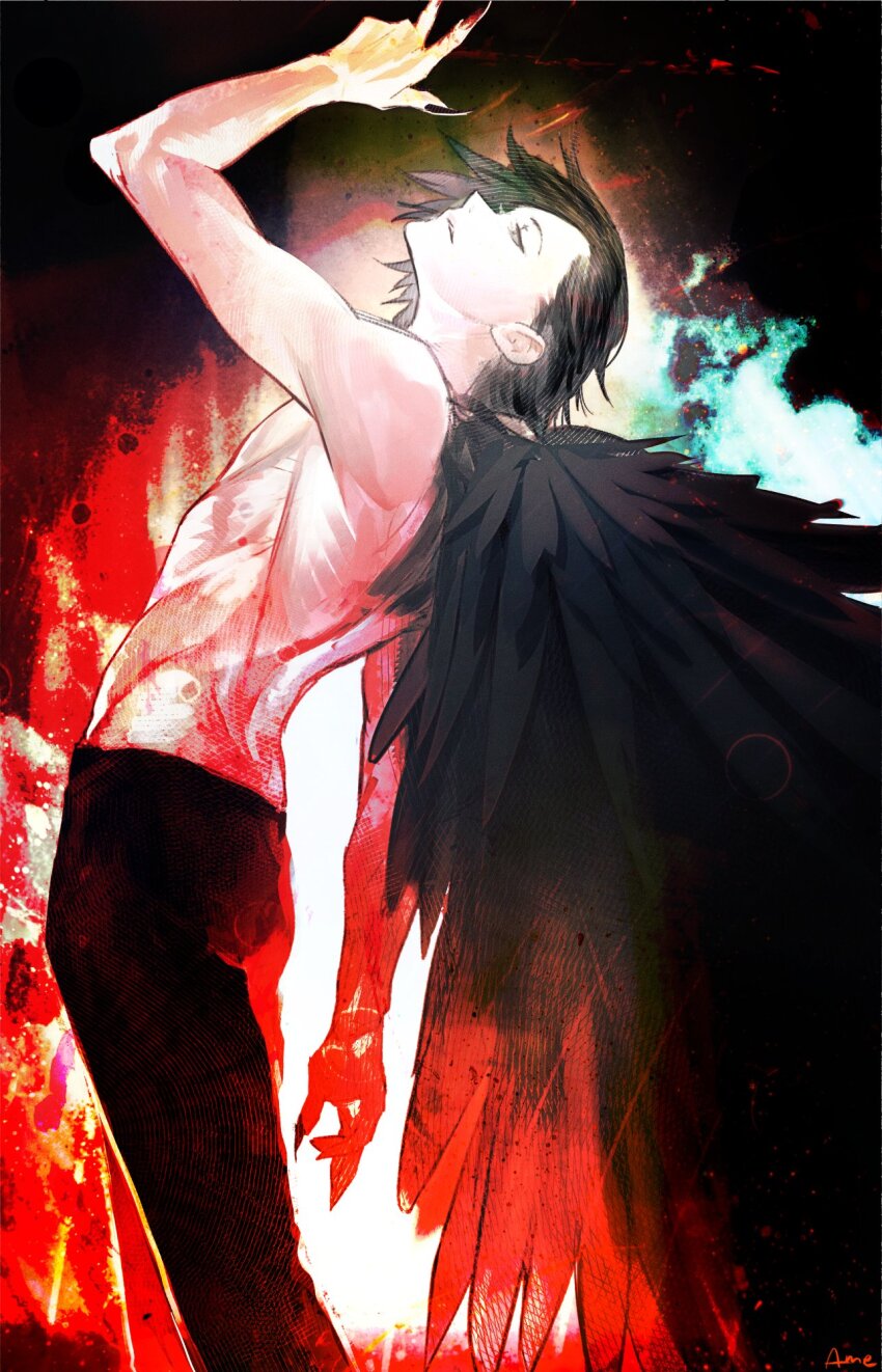 1boy abs ammenite black_hair black_pants black_wings choujin_x clawed_hands feathered_wings highres kurohara_tokio_(choujin_x) multicolored_background pants solo talons topless_male wings