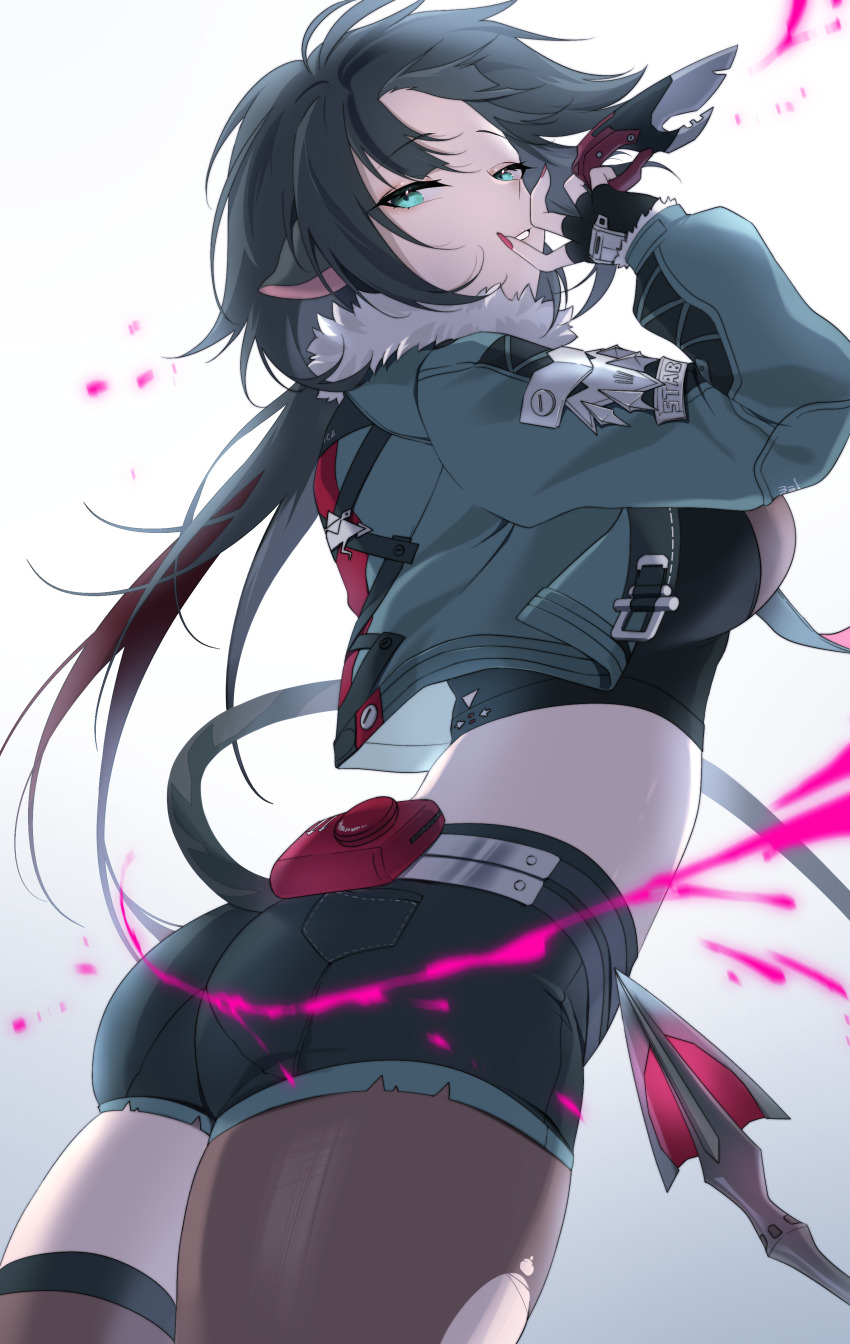 1girl absurdres animal_ears ass black_gloves black_shorts commentary cowboy_shot fingerless_gloves fingernails floating_hair fur-trimmed_jacket fur_trim gloves green_eyes green_hair green_jacket high-waist_shorts highres jacket jane_doe_(zenless_zone_zero) long_hair looking_at_viewer mouse_ears mouse_girl mouse_tail nail_polish oxygen_mask_(oxygenmask233) pantyhose red_hair red_nails shorts sidelocks simple_background smile solo tail torn_clothes torn_pantyhose white_background zenless_zone_zero