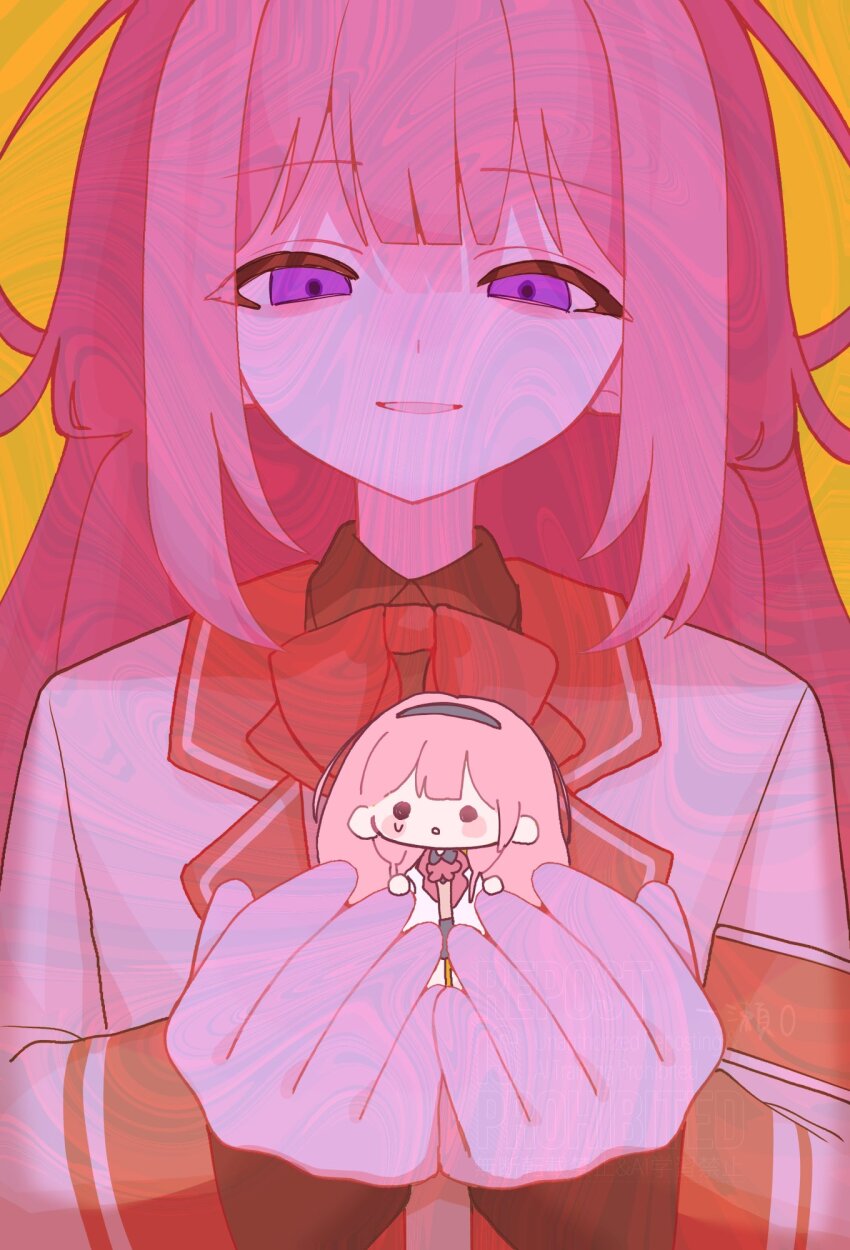 2girls :o aegyo_sal black_shirt bow bowtie center-flap_bangs chibi collared_shirt commentary_request cupping_hands dual_persona facing_viewer half-closed_eyes hands_up highres hitose_rei holding_chibi jacket lapels layered_sleeves long_hair long_sleeves looking_at_another multiple_girls nijisanji open_mouth own_hands_together pink_hair purple_eyes red_bow red_bowtie shirt sidelocks simple_background smile solid_circle_eyes straight-on suo_sango sweatdrop upper_body virtual_youtuber white_jacket yellow_background