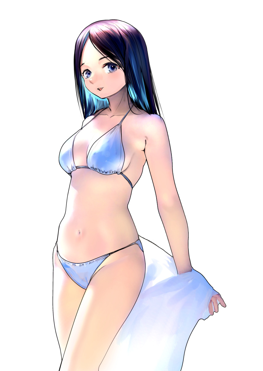 1girl absurdres bikini bikini_day breasts collarbone emutsuichi halterneck highres looking_afar navel original parted_lips simple_background solo standing swimsuit undressing white_background white_bikini