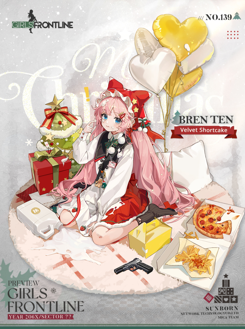 ! 1girl :t artist_request balloon between_legs black_sailor_collar black_socks blue_eyes blush bow bowtie box bren_ten bren_ten_(girls&#039;_frontline) bren_ten_(velvet_shortcake)_(girls&#039;_frontline) buckle carton character_name checkered_floor christmas christmas_star christmas_tree closed_mouth commentary company_name copyright_name dress english_commentary english_text food food_on_clothes food_on_face food_on_hand french_fries frosted_glass fruit full_body gift_wrapping gingerbread_man girls&#039;_frontline green_bow green_bowtie gun hair_ornament hairclip hand_between_legs hand_up handgun heart heart_balloon highres holly id_card charm_(object) long_hair long_sleeves looking_at_viewer merry_christmas no_shoes official_alternate_costume official_art pepperoni pillow pink_hair pizza pizza_box pom_pom_(clothes) promotional_art red_headwear rug sailor_collar scraped_knee second-party_source sitting smile snap-fit_buckle snowflakes socks solo spill star_(symbol) strawberry takeout_container torn_clothes torn_dress torn_socks twintails very_long_hair wariza weapon whipped_cream white_background white_dress x_hair_ornament