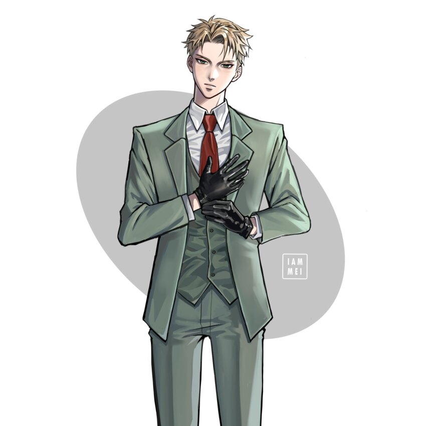 1boy adjusting_clothes adjusting_gloves black_gloves blonde_hair collared_shirt cowboy_shot formal_clothes gloves green_eyes green_suit hashtag-only_commentary highres iameixx looking_at_viewer male_focus necktie oval red_necktie shirt solo spy_x_family suit twilight_(spy_x_family) watermark white_background white_shirt wing_collar