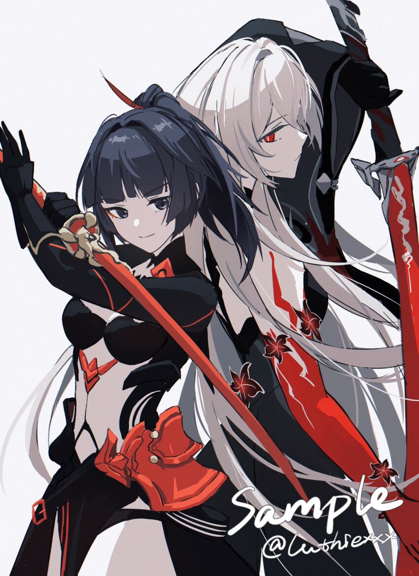 2girls acheron_(honkai:_star_rail) black_hair blue_eyes breasts commentary cowboy_shot expressionless grey_background hair_between_eyes highres holding holding_sword holding_weapon honkai:_star_rail honkai_(series) honkai_impact_3rd horns in-franchise_crossover long_hair looking_at_viewer looking_to_the_side luthiexxx multiple_girls name_connection official_alternate_color official_alternate_costume ponytail raiden_mei raiden_mei_(danzai_spectramancer) raiden_mei_(orochi_cuirass) red_horns sample_watermark sawashiro_miyuki simple_background single_horn smile sword twitter_username very_long_hair voice_actor_connection watermark weapon white_hair