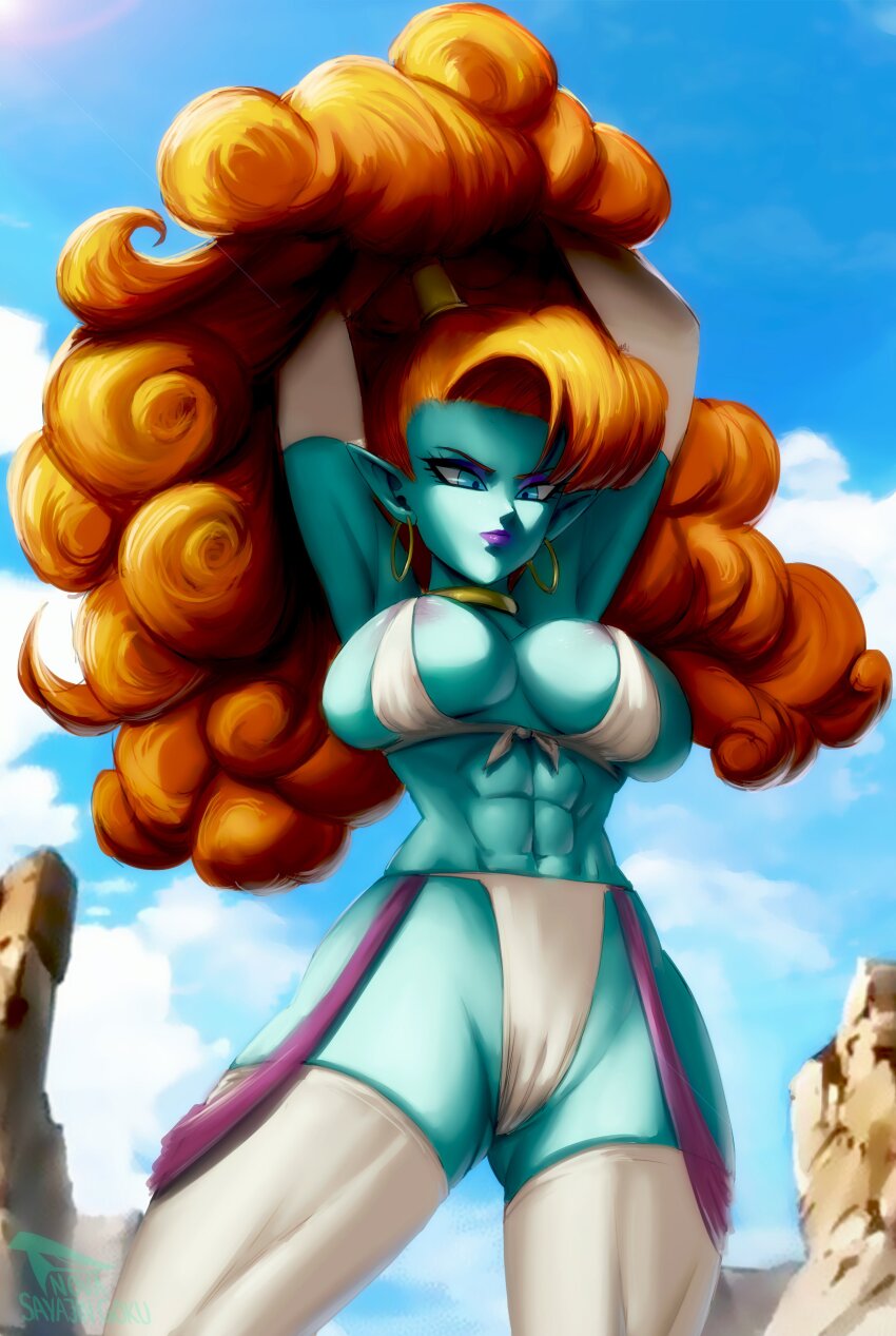 1girl abs absurdres aqua_eyes aqua_skin areola_slip armpits arms_up breasts colored_skin curvy dragonball_z earrings elite_nappa eyeshadow female_focus gluteal_fold highres jewelry large_breasts lipstick long_hair makeup novasayajingoku orange_hair pointy_ears ponytail solo thick_thighs thighhighs thighs very_long_hair zangya