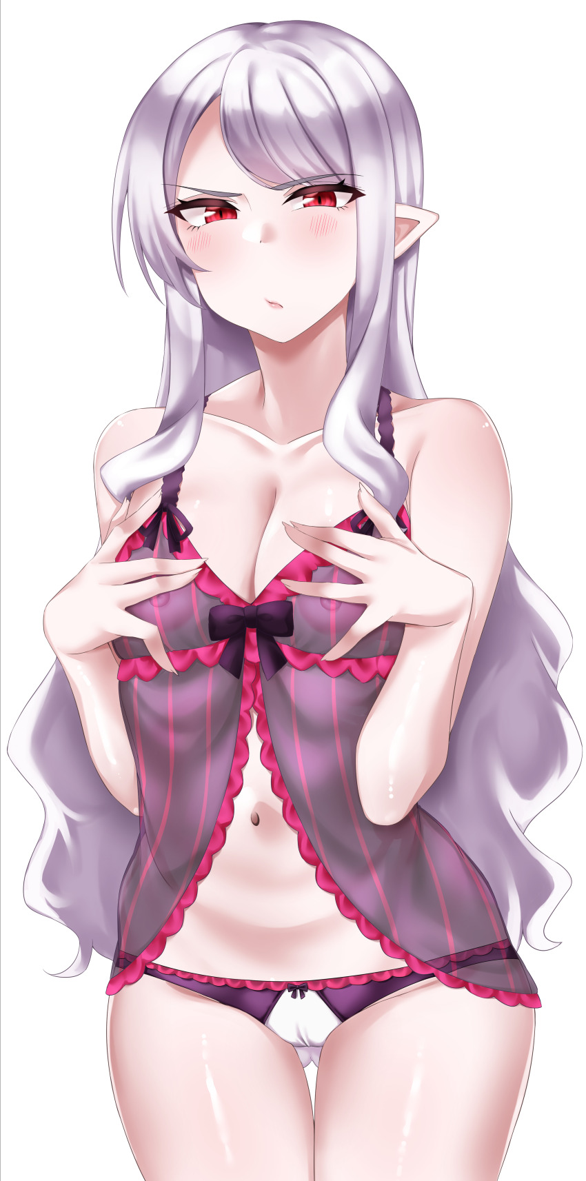 1girl absurdres annoyed babydoll blush bow bow_panties breasts cleavage closed_mouth collarbone covered_erect_nipples cowboy_shot dot_nose embarrassed eyebrows eyelashes female_focus fingernails hands_on_own_chest highres long_fingernails long_hair looking_at_viewer navel overlord_(maruyama) panties petite pipienpippi pointy_ears purple_babydoll purple_bow purple_panties red_eyes shalltear_bloodfallen sidelocks simple_background small_breasts solo standing thigh_gap two-tone_panties underwear vampire white_background white_hair white_panties